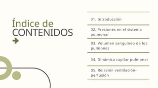 Índice de
CONTENIDOS
01. Introducción
02. Presiones en el sistema
pulmonar
03. Volumen sanguíneo de los
pulmones
04. Dinámica capilar pulmonar
05. Relación ventilación-
perfusión
 