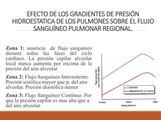 EFECTO DE LOS GRADIENTES DE PRESIÓN
HIDROESTATICA DE LOS PULMONES SOBRE EL FLUJO
SANGUÍNEO PULMONAR REGIONAL.
Zona 1: ausencia de flujo sanguíneo
durante todas las fases del ciclo
cardiaco. La presión capilar alveolar
local nunca aumenta por encima de la
presión del aire alveolar
Zona 2: Flujo Sanguíneo Intermitente.
Presión sistólica mayor que p. del aire
alveolar. Presión diastólica menor
Zona 3: Flujo Sanguíneo Contínuo. Por
que la presión capilar es mas alta que a
del aire alveolar.
 
