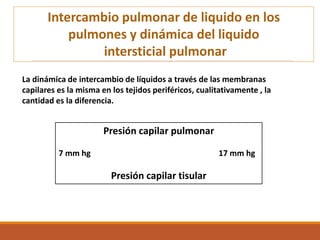 Intercambio pulmonar de liquido en los
pulmones y dinámica del liquido
intersticial pulmonar
La dinámica de intercambio de líquidos a través de las membranas
capilares es la misma en los tejidos periféricos, cualitativamente , la
cantidad es la diferencia.
Presión capilar pulmonar
7 mm hg 17 mm hg
Presión capilar tisular
 