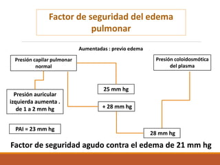Factor de seguridad del edema
pulmonar
Presión capilar pulmonar
normal
Presión coloidosmótica
del plasma
Aumentadas : previo edema
Presión auricular
izquierda aumenta .
de 1 a 2 mm hg
PAI = 23 mm hg
25 mm hg
+ 28 mm hg
28 mm hg
Factor de seguridad agudo contra el edema de 21 mm hg
 