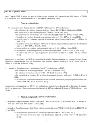 4
B) Au 1er
janvier 2017 :
Au 1er
février 2017, la valeur du point d’indice est une nouvelle fois, augmentée de 0,6% (décret n° 2016-
670 du 25 mai 2016 modifiant le décret n° 85-1148 du 24 octobre 1985).
1) Pour la catégorie A :
 les cadres d’emplois déjà revalorisés en 2016 bénéficient d’une 2ème
revalorisation :
 les infirmiers territoriaux en soins généraux (décret 2012-1421 du 18 décembre 2012),
 les puéricultrices territoriales (décret n° 2014-925 du 18 août 2014),
 les puéricultrices territoriales (en voie d’extinction) (décret n° 92-860 du 28 août 1992),
 les cadres territoriaux de santé paramédicaux (décret n° 2016-337 du 21 mars 2016),
 les puéricultrices cadres territoriaux de santé (en voie d’extinction) (décret n° 92-858 du 28
août 1992),
 les cadres territoriaux de santé infirmiers et techniciens paramédicaux (en voie d’extinction)
(décret n° 2003-677 du 23 juillet 2003),
 les conseillers territoriaux socio-éducatifs (décret n° 2013-492 du 10 juin 2013)
 les infirmiers de sapeurs-pompiers professionnels (décret n° 2016-1178 du 30 août 2016)
 les cadres de santé de sapeurs-pompiers professionnels (décret n° 2016-1180 du 30 août
2016).
Abattement primes/point : en 2017, il est appliqué à tous les fonctionnaires de ces cadres d’emplois de ca-
tégorie A, revalorisés dès 2016, un abattement d’un montant maximal annuel brut de 389 euros (article 3
décret n° 2016-588 du 11 mai 2016).
 les cadres d’emplois suivants bénéficient d’une 1ère
revalorisation en 2017 :
 les secrétaires de mairie (décret 87-1104 du 30 décembre 1987),
 les attachés territoriaux (décret n° 87-1100 du 30 décembre 1987),
 les conseillers territoriaux des activités physiques et sportives (décret n° 92-366 du 1er
avril
1992),
 les capitaines, commandants et lieutenants-colonels de sapeurs-pompiers professionnels (dé-
cret n° 2016-2007 du 30 décembre 2016),
Abattements primes/points : en 2017, il est appliqué aux fonctionnaires de ces cadres d’emplois de catégo-
rie A un abattement d’un montant maximal annuel de 167 euros (article 3 décret n° 2016-588 du 11 mai
2016).
2) Pour la catégorie B : 2ème revalorisation
 les cadres d’emplois relevant du NES (décrets n° 2010-329 et 2010-330 du 22 mars 2010 ; et décrets n°
2016-601, 2016-602, 2016-603 du 12 mai 2016))
 les cadres d’emplois relevant de la filière médico-sociale (décrets n° 2016-594, 2016-603 et 2016-597 du
12 mai 2016) :
 les techniciens paramédicaux territoriaux (décret 2013-263 du 27 mars 2013),
 les infirmiers territoriaux (en voie d’extinction) (décret n° 2012-1422 du 18 décembre
2012),
 