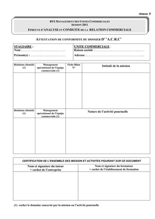 Annexe 5

                                 BTS MANAGEMENT DES UNITES COMMERCIALES
                                             SESSION 2011
             EPREUVE D’ANALYSE ET CONDUITE DE LA RELATION COMMERCIALE


                      ATTESTATION DE CONFORMITE DU DOSSIER D’ «A.C.R.C»
STAGIAIRE :                                           UNITE COMMERCIALE :
Nom :……………………………………                                   Raison sociale :…………………………………………
Prénom(s) : ……….……………………                              Adresse :………………………………………………..


Relations clientèle        Management            Fiche Bilan
                                                                          Intitulé de la mission
       (1)            opérationnel de l’équipe       N°
                          commerciale (1)




Relations clientèle        Management
                                                               Nature de l’activité ponctuelle
       (1)            opérationnel de l’équipe
                          commerciale (1)




       CERTIFICATION DE L’ENSEMBLE DES MISSION ET ACTIVITES FIGURANT SUR CE DOCUMENT

            Nom et signature du tuteur                              Nom et signature du formateur
             + cachet de l’entreprise                           + cachet de l’établissement de formation




(1) cocher le domaine concerné par la mission ou l’activité ponctuelle
 