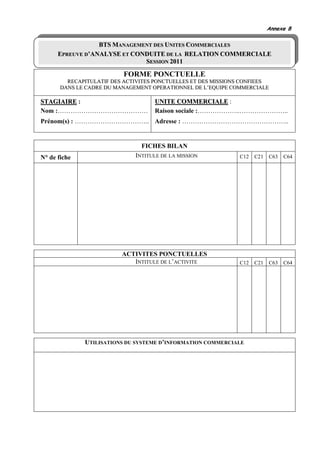 Annexe 8

                  BTS MANAGEMENT DES UNITES COMMERCIALES
      EPREUVE D’ANALYSE ET CONDUITE DE LA RELATION COMMERCIALE
                              SESSION 2011

                           FORME PONCTUELLE
         RECAPITULATIF DES ACTIVITES PONCTUELLES ET DES MISSIONS CONFIEES
       DANS LE CADRE DU MANAGEMENT OPERATIONNEL DE L’EQUIPE COMMERCIALE

STAGIAIRE :                         UNITE COMMERCIALE :
Nom :……………………………………                 Raison sociale :………………..…………………..
Prénom(s) : …………………………….. Adresse : …………………………………………..


                                FICHES BILAN
N° de fiche                   INTITULE DE LA MISSION           C12   C21   C63   C64




                          ACTIVITES PONCTUELLES
                             INTITULE DE L’ACTIVITE            C12   C21   C63   C64




              UTILISATIONS DU SYSTEME D’INFORMATION COMMERCIALE
 