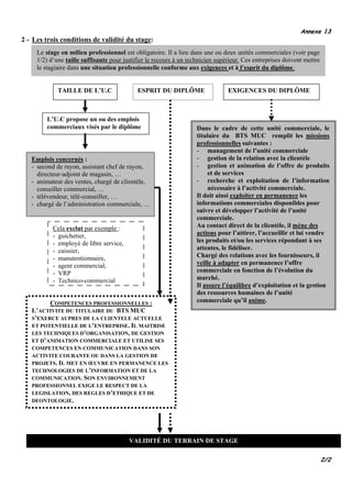 Annexe 13
2 - Les trois conditions de validité du stage:
     Le stage en milieu professionnel est obligatoire. Il a lieu dans une ou deux unités commerciales (voir page
     1/2) d’une taille suffisante pour justifier le recours à un technicien supérieur. Ces entreprises doivent mettre
     le stagiaire dans une situation professionnelle conforme aux exigences et à l’esprit du diplôme.


             TAILLE DE L’U.C                ESPRIT DU DIPLÔME                   EXIGENCES DU DIPLÔME



         L’U.C propose un ou des emplois
         commerciaux visés par le diplôme                           Dans le cadre de cette unité commerciale, le
                                                                    titulaire du BTS MUC remplit les missions
                                                                    professionnelles suivantes :
                                                                    - management de l’unité commerciale
   Emplois concernés :                                              - gestion de la relation avec la clientèle
   - second de rayon, assistant chef de rayon,                      - gestion et animation de l’offre de produits
     directeur-adjoint de magasin, …                                     et de services
   - animateur des ventes, chargé de clientèle,                     - recherche et exploitation de l’information
     conseiller commercial, …                                            nécessaire à l’activité commerciale.
   - télévendeur, télé-conseiller, …                                Il doit ainsi exploiter en permanence les
   - chargé de l’administration commerciale, …                      informations commerciales disponibles pour
                                                                    suivre et développer l’activité de l’unité
                                                                    commerciale.
           Cela exclut par exemple :                                Au contact direct de la clientèle, il mène des
           - guichetier,                                            actions pour l’attirer, l’accueillir et lui vendre
           - employé de libre service,                              les produits et/ou les services répondant à ses
           - caissier,                                              attentes, le fidéliser.
           - manutentionnaire,                                      Chargé des relations avec les fournisseurs, il
           - agent commercial,                                      veille à adapter en permanence l’offre
           - VRP                                                    commerciale en fonction de l’évolution du
           - Technico-commercial                                    marché.
                                                                    Il assure l’équilibre d’exploitation et la gestion
                                                                    des ressources humaines de l’unité
         COMPETENCES PROFESSIONNELLES :                             commerciale qu’il anime.
   L’ACTIVITE DU TITULAIRE DU BTS MUC
   S’EXERCE AUPRES DE LA CLIENTELE ACTUELLE
   ET POTENTIELLE DE L’ENTREPRISE. IL MAITRISE
   LES TECHNIQUES D’ORGANISATION, DE GESTION
   ET D’ANIMATION COMMERCIALE ET UTILISE SES
   COMPETENCES EN COMMUNICATION DANS SON
   ACTIVITE COURANTE OU DANS LA GESTION DE
   PROJETS. IL MET EN ŒUVRE EN PERMANENCE LES
   TECHNOLOGIES DE L’INFORMATION ET DE LA
   COMMUNICATION. SON ENVIRONNEMENT
   PROFESSIONNEL EXIGE LE RESPECT DE LA
   LEGISLATION, DES REGLES D’ETHIQUE ET DE
   DEONTOLOGIE.




                                         VALIDITÉ DU TERRAIN DE STAGE

                                                                                                                        2/2
 