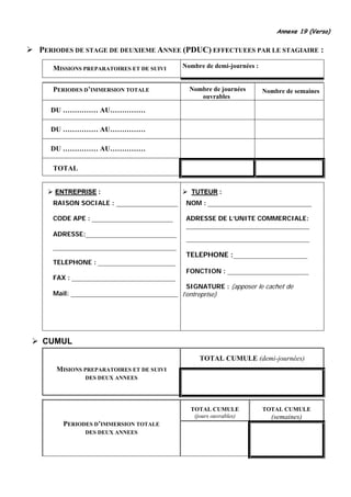 Annexe 19 (Verso)


PERIODES DE STAGE DE DEUXIEME ANNEE (PDUC) EFFECTUEES PAR LE STAGIAIRE :

   MISSIONS PREPARATOIRES ET DE SUIVI       Nombre de demi-journées :


   PERIODES D’IMMERSION TOTALE                Nombre de journées        Nombre de semaines
                                                 ouvrables

  DU …………… AU……………

  DU …………… AU……………

  DU …………… AU……………

   TOTAL


    ENTREPRISE :                              TUTEUR :
   RAISON SOCIALE : ___________________      NOM : ________________________________

   CODE APE : _________________________      ADRESSE DE L’UNITE COMMERCIALE:
                                             ______________________________________
   ADRESSE:____________________________
                                             ______________________________________
   ______________________________________
                                             TELEPHONE :_____________________
   TELEPHONE : ________________________
                                             FONCTION : _________________________
   FAX : ________________________________
                                             SIGNATURE : (apposer le cachet de
   Mail: _________________________________ l’entreprise)




CUMUL

                                                 TOTAL CUMULE (demi-journées)
    MISIONS PREPARATOIRES ET DE SUIVI
             DES DEUX ANNEES




                                              TOTAL CUMULE              TOTAL CUMULE
                                               (jours ouvrables)          (semaines)
      PERIODES D’IMMERSION TOTALE
             DES DEUX ANNEES
 