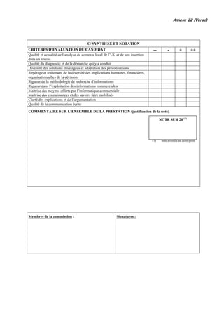Annexe 22 (Verso)




                                        C/ SYNTHESE ET NOTATION
CRITERES D’EVALUATION DU CANDIDAT                                                 --         -         +        ++
Qualité et actualité de l’analyse du contexte local de l’UC et de son insertion
dans un réseau
Qualité du diagnostic et de la démarche qui y a conduit
Diversité des solutions envisagées et adaptation des préconisations
Repérage et traitement de la diversité des implications humaines, financières,
organisationnelles de la décision
Rigueur de la méthodologie de recherche d’informations
Rigueur dans l’exploitation des informations commerciales
Maîtrise des moyens offerts par l’informatique commerciale
Maîtrise des connaissances et des savoirs faire mobilisés
Clarté des explications et de l’argumentation
Qualité de la communication écrite
COMMENTAIRE SUR L’ENSEMBLE DE LA PRESTATION (justification de la note)

                                                                                        NOTE SUR 20 (1)




                                                                                  (1)    note arrondie au demi-point




Membres de la commission :                                 Signatures :
 