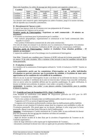 Dans cette hypothèse, les ordres de passage par demi-journée sont organisés comme suit :
  Candidat                     Matin                              Après midi
                 Appel      Loge      Interrogation    Appel         Loge     Interrogation
Candidat 1       8h00        8h15         9h00         13h30        13h45         14h30
Candidat 2       8h00        9h15         10h00        13h30        14h45         15h30
Candidat 3       8h00       10h15         11h00        13h30        15h45         16h30
Les dossiers sont conservés après interrogation au centre d’examen, jusqu’à la session suivante,
afin de répondre aux éventuelles contestations.

D - Déroulement de l’épreuve orale :
Il s’agit d’une épreuve orale de 45 minutes avec une préparation de 45 minutes.
Le déroulement de l’épreuve est le suivant :
Première partie de l’interrogation : Expérience en unité commerciale - 30 minutes au
maximum :
   10 minutes au maximum pour la présentation par le candidat :
     du contexte géographique, organisationnel et commercial et de l’unité commerciale dans
     laquelle il a exercé
     du système d’information commerciale de cette unité commerciale ;
   le reste du temps est consacré à un entretien avec la commission d’interrogation. Cet entretien
porte sur les activités, les missions, l’utilisation du SIC ainsi que les connaissances mobilisées.
Deuxième partie de l’interrogation : Analyse et résolution d’une situation problème - 15
minutes au maximum :
L’exposé du candidat est suivi d’un échange avec la commission d’interrogation.

Une fiche « Conseils aux candidats pour l’épreuve d’ACRC relevant de la forme ponctuelle » figure
en annexe 14 de cette circulaire. Elle a vocation à être envoyée à tous les candidats relevant de la
forme ponctuelle.
E - Evaluation et notation :
Les membres de la commission d’interrogation utilisent la « Grille d’évaluation d’ACRC » fournie en
annexe 12.
Les commentaires portés par les commissions d'interrogation sur les grilles individuelles
d'évaluation ne peuvent concerner que la prestation du candidat, à l'exclusion de toute autre
appréciation sur les conditions de recevabilité de la candidature.
Dans le cas où, le jour de l’interrogation, le jury a un doute sur la conformité du dossier, il interroge
néanmoins le candidat. L’attribution de la note est réservée dans l’attente d’une nouvelle vérification,
mise en œuvre selon les modalités définies par les autorités académiques. Si, après vérification, le
dossier est déclaré non-conforme, la mention « non valide » est portée à l’épreuve.
ATTENTION : la mention « non valide » à une épreuve entraîne l’impossibilité, pour le candidat,
d’obtenir le diplôme.

2.2 - Contrôle en Cours de Formation (CCF) - Oral - Coefficient 4 :
Cette modalité de certification (voir annexe 16 «Dispositions générales du CCF pour les BTS
tertiaires ») concerne les candidats :
     de la voie scolaire en formation dans un établissement public ou privé sous contrat,
     apprentis en CFA ou section d’apprentissage habilité,
     stagiaires de la formation professionnelle continue dans les établissements publics habilités
Elle consiste en une situation d’évaluation unique dont les exigences sont semblables à celles de
l’évaluation ponctuelle. Elle prend appui sur un dossier, identique à celui exigé pour la forme
ponctuelle, déposé à une date limite fixée par le chef d’établissement.
Attention : Conformément à l’arrêté ministériel du 22 juillet 2008, la non-conformité du dossier
peut être prononcée dès lors qu’une des situations suivantes est constatée :
- absence de dépôt de dossier ;
- dépôt du dossier au-delà de la date fixée par la circulaire d’organisation de l’examen ou de
l’autorité organisatrice ;
- durée de stage inférieure à celle requise par la règlementation de l’examen ;
- documents constituant le dossier non visés ou signés par les personnes habilitées à cet effet.



Division des examens et concours – Académie d’Aix-Marseille
BTS Management des unités commerciales – Session 2011                                              6
 