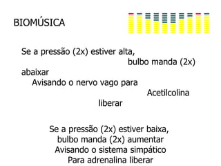 BIOMÚSICA

 Se a pressão (2x) estiver alta,
                              bulbo manda (2x)
 abaixar
   Avisando o nervo vago para
                                   Acetilcolina
                     liberar


        Se a pressão (2x) estiver baixa,
          bulbo manda (2x) aumentar
         Avisando o sistema simpático
             Para adrenalina liberar
 
