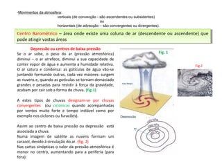 Centro Barométrico – área onde existe uma coluna de ar (descendente ou ascendente) que
pode atingir vastas áreas
Centro Barométrico – área onde existe uma coluna de ar (descendente ou ascendente) que
pode atingir vastas áreas
-Movimentos da atmosfera:
verticais (de convecção - são ascendentes ou subsidentes)
ou
horizontais (de advecção – são convergentes ou divergentes).
Depressão ou centros de baixa pressão
Se o ar sobe, o peso do ar (pressão atmosférica)
diminui – o ar arrefece, diminui a sua capacidade de
conter vapor de água e aumenta a humidade relativa.
O ar satura e condensa: as gotículas de água vão-se
juntando formando outras, cada vez maiores: surgem
as nuvens e, quando as gotículas se tornam demasiado
grandes e pesadas para resistir à força da gravidade,
acabam por cair sob a forma de chuva. (fig.1)
A estes tipos de chuvas designam-se por chuvas
convergentes (ou ciclónicas quando acompanhadas
por ventos muito forte e tempo instável como por
exemplo nos ciclones ou furacões).
Assim ao centro de baixa pressão ou depressão está
associada a chuva.
Numa imagem de satélite as nuvens formam um
caracol, devido à circulação do ar. (fig. 2)
Nas cartas sinópticas o valor da pressão atmosférica é
menor no centro, aumentando para a periferia (para
fora).
Fig.2
Fig. 1
 