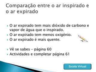  O ar expirado tem mais dióxido de carbono e
vapor de água que o inspirado.
 O ar expirado tem menos oxigénio.
 O ar expirado é mais quente.
 Vê se sabes – página 60
 Actividades e completar página 61
Escola Virtual
 