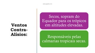 Ventos
Contra-
Alísios:
Secos, sopram do
Equador para os trópicos
em altitudes elevadas.
Responsáveis pelas
calmarias tropicais secas.
 