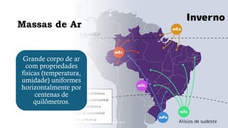 Massas de Ar
Grande corpo de ar
com propriedades
físicas (temperatura,
umidade) uniformes
horizontalmente por
centenas de
quilômetros.
www.jografia.com
 