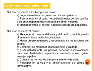 Normas de convivencia 
9.5. Con respecto a los tiempos de recreo: 
a) Jugar sin molestar ni pelear con los compañeros. 
b) Permanecer en el patio, no pudiendo estar por los pasillos 
o en otras dependencias sin permiso de un maestro. 
c) Mantener limpio el recreo, haciendo uso de las papeleras. 
9.6. Con respecto al centro: 
a) Respetar el material del aula y del centro, contribuyendo 
al mantenimiento de las instalaciones. 
b) Hacer un uso adecuado y responsable de los recursos del 
centro. 
c) Colaborar en mantener el centro limpio y cuidado. 
d) Usar debidamente los pasillos, servicios e instalaciones 
para sus finalidades específicas, evitando correr, gritar, 
empujar o pelear. 
e) Cumplir las normas de disciplina interior y de aula. 
f) Participar en la vida y el funcionamiento del centro de 
forma activa. 
 