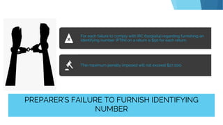 PREPARER’S FAILURE TO FURNISH IDENTIFYING
NUMBER
For each failure to comply with IRC 6109(a)(4) regarding furnishing an
identifying number (PTIN) on a return is $50 for each return.
The maximum penalty imposed will not exceed $27,000.
 