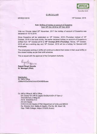 Circular  shifting of dussehra holiday from 19th oct to 18 oct 2018