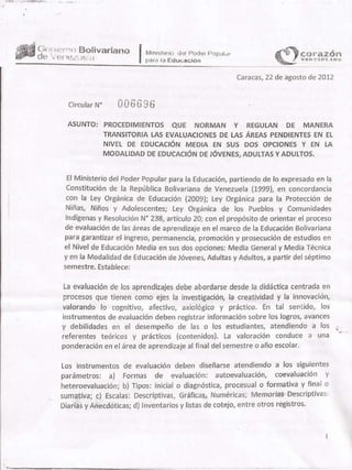 Circular 006696 del Ministerio del Poder Popular para la Educación,  Venezuela, 22-08-2012