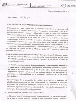 Circular 006697 del Ministerio del Poder Popular para la Educación,  Venezuela, 22-08-2012