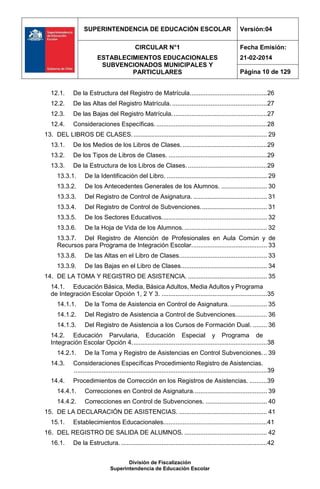 SUPERINTENDENCIA DE EDUCACIÓN ESCOLAR Versión:04
CIRCULAR N°1
ESTABLECIMIENTOS EDUCACIONALES
SUBVENCIONADOS MUNICIPALES Y
PARTICULARES
Fecha Emisión:
21-02-2014
Página 10 de 129
División de Fiscalización
Superintendencia de Educación Escolar
12.1. De la Estructura del Registro de Matrícula............................................26
12.2. De las Altas del Registro Matrícula. ......................................................27
12.3. De las Bajas del Registro Matrícula. .....................................................27
12.4. Consideraciones Específicas................................................................28
13. DEL LIBROS DE CLASES............................................................................. 29
13.1. De los Medios de los Libros de Clases. ................................................29
13.2. De los Tipos de Libros de Clases. ........................................................29
13.3. De la Estructura de los Libros de Clases. .............................................29
13.3.1. De la Identificación del Libro. ......................................................... 29
13.3.2. De los Antecedentes Generales de los Alumnos. .......................... 30
13.3.3. Del Registro de Control de Asignatura. .......................................... 31
13.3.4. Del Registro de Control de Subvenciones...................................... 31
13.3.5. De los Sectores Educativos............................................................ 32
13.3.6. De la Hoja de Vida de los Alumnos. ............................................... 32
13.3.7. Del Registro de Atención de Profesionales en Aula Común y de
Recursos para Programa de Integración Escolar........................................... 33
13.3.8. De las Altas en el Libro de Clases.................................................. 33
13.3.9. De las Bajas en el Libro de Clases................................................. 34
14. DE LA TOMA Y REGISTRO DE ASISTENCIA. ............................................. 35
14.1. Educación Básica, Media, Básica Adultos, Media Adultos y Programa
de Integración Escolar Opción 1, 2 Y 3. ............................................................35
14.1.1. De la Toma de Asistencia en Control de Asignatura. ..................... 35
14.1.2. Del Registro de Asistencia a Control de Subvenciones.................. 36
14.1.3. Del Registro de Asistencia a los Cursos de Formación Dual. ........ 36
14.2. Educación Parvularia, Educación Especial y Programa de
Integración Escolar Opción 4.............................................................................38
14.2.1. De la Toma y Registro de Asistencias en Control Subvenciones... 39
14.3. Consideraciones Específicas Procedimiento Registro de Asistencias.
..............................................................................................................39
14.4. Procedimientos de Corrección en los Registros de Asistencias. ..........39
14.4.1. Correcciones en Control de Asignatura.......................................... 39
14.4.2. Correcciones en Control de Subvenciones. ................................... 40
15. DE LA DECLARACIÓN DE ASISTENCIAS. .................................................. 41
15.1. Establecimientos Educacionales...........................................................41
16. DEL REGISTRO DE SALIDA DE ALUMNOS. ............................................... 42
16.1. De la Estructura. ...................................................................................42
 