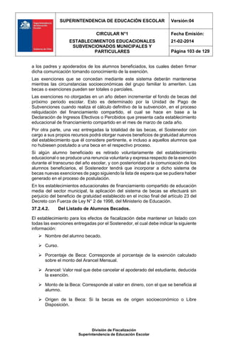 SUPERINTENDENCIA DE EDUCACIÓN ESCOLAR Versión:04
CIRCULAR N°1
ESTABLECIMIENTOS EDUCACIONALES
SUBVENCIONADOS MUNICIPALES Y
PARTICULARES
Fecha Emisión:
21-02-2014
Página 103 de 129
División de Fiscalización
Superintendencia de Educación Escolar
a los padres y apoderados de los alumnos beneficiados, los cuales deben firmar
dicha comunicación tomando conocimiento de la exención.
Las exenciones que se concedan mediante este sistema deberán mantenerse
mientras las circunstancias socioeconómicas del grupo familiar lo ameriten. Las
becas o exenciones pueden ser totales o parciales.
Las exenciones no otorgadas en un año deben incrementar el fondo de becas del
próximo periodo escolar. Esto es determinado por la Unidad de Pago de
Subvenciones cuando realiza el cálculo definitivo de la subvención, en el proceso
reliquidación del financiamiento compartido, el cual se hace en base a la
Declaración de Ingresos Efectivos o Percibidos que presenta cada establecimiento
educacional de financiamiento compartido en el mes de marzo de cada año.
Por otra parte, una vez entregadas la totalidad de las becas, el Sostenedor con
cargo a sus propios recursos podrá otorgar nuevos beneficios de gratuidad alumnos
del establecimiento que él considere pertinente, e incluso a aquellos alumnos que
no hubiesen postulado a una beca en el respectivo proceso.
Si algún alumno beneficiado es retirado voluntariamente del establecimiento
educacional o se produce una renuncia voluntaria y expresa respecto de la exención
durante el transcurso del año escolar, y con posterioridad a la comunicación de los
alumnos beneficiarios, el Sostenedor tendrá que incorporar a dicho sistema de
becas nuevas exenciones de pago siguiendo la lista de espera que se pudiera haber
generado en el proceso de postulación.
En los establecimientos educacionales de financiamiento compartido de educación
media del sector municipal, la aplicación del sistema de becas se efectuará sin
perjuicio del beneficio de gratuidad establecido en el inciso final del artículo 23 del
Decreto con Fuerza de Ley N° 2 de 1998, del Ministerio de Educación.
37.2.4.2. Del Listado de Alumnos Becados.
El establecimiento para los efectos de fiscalización debe mantener un listado con
todas las exenciones entregadas por el Sostenedor, el cual debe indicar la siguiente
información:
 Nombre del alumno becado.
 Curso.
 Porcentaje de Beca: Corresponde al porcentaje de la exención calculado
sobre el monto del Arancel Mensual.
 Arancel: Valor real que debe cancelar el apoderado del estudiante, deducida
la exención.
 Monto de la Beca: Corresponde al valor en dinero, con el que se beneficia al
alumno.
 Origen de la Beca: Si la becas es de origen socioeconómico o Libre
Disposición.
 