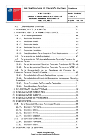 SUPERINTENDENCIA DE EDUCACIÓN ESCOLAR Versión:04
CIRCULAR N°1
ESTABLECIMIENTOS EDUCACIONALES
SUBVENCIONADOS MUNICIPALES Y
PARTICULARES
Fecha Emisión:
21-02-2014
Página 11 de 129
División de Fiscalización
Superintendencia de Educación Escolar
16.2. Consideraciones Específicas................................................................42
17. DE LOS PROCESOS DE ADMISIÓN. ........................................................... 43
18. DE LOS REQUISITOS DE INGRESO DE ALUMNOS................................... 44
18.1. De la Edad Reglamentaria....................................................................44
18.1.1. Educación Parvularia...................................................................... 45
18.1.2. Educación Básica........................................................................... 45
18.1.3. Educación Media............................................................................ 45
18.1.4. Educación Especial. ....................................................................... 45
18.1.5. Educación de Adultos..................................................................... 47
18.1.6. Consideraciones Específicas de la Edad Reglamentaria. .............. 47
18.2. De la Acreditación de la Escolaridad. ...................................................48
18.3. De la Acreditación Déficit para la Educación Especial y Programa de
Integración Escolar............................................................................................48
18.3.1. De las Necesidades Educativas Especiales Transitorias (NEET). . 48
18.3.2. De las Necesidades Educativas Especiales Permanente (NEEP). 49
18.4. De la Documentación de los Estudiantes del Programa de
Integración Escolar y Educación Especial. ........................................................49
18.4.1. Formulario Único Síntesis Evaluación de Ingreso. ......................... 49
18.4.2. Formulario Único Síntesis de Reevaluación Necesidades Educativas
Especiales...................................................................................................... 50
18.4.3. Otros Formularios Del Proceso De Evaluación. ............................. 51
18.4.4. Consideraciones Específicas. ........................................................ 51
19. DEL EMBARAZO Y LA MATERNIDAD.......................................................... 52
20. DE LOS ALUMNOS EXCEDENTES. ............................................................. 53
21. DE LOS ALUMNOS OYENTES. .................................................................... 53
22. DE LOS ALUMNOS DE INTERCAMBIO........................................................ 54
23. DE LOS CURSOS.......................................................................................... 55
23.1. De la Capacidad Máxima de Alumnos por Cursos................................55
23.1.1. Educación Parvularia...................................................................... 55
23.1.2. Educación Básica........................................................................... 55
23.1.3. Educación Media............................................................................ 55
23.1.4. Educación Especial. ....................................................................... 55
23.2. De los Cursos Combinados. .................................................................57
23.2.1. Educación Parvularia...................................................................... 57
23.2.2. Educación Básica........................................................................... 57
24. DE LOS PLANES DE ESTUDIOS.................................................................. 58
 