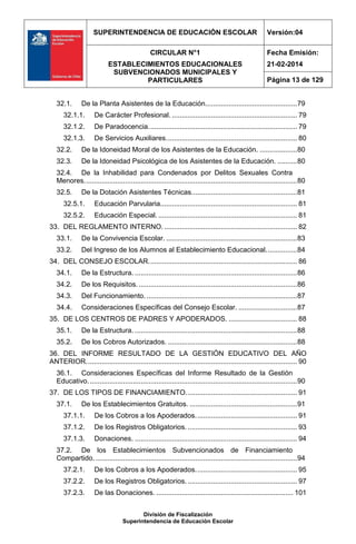 SUPERINTENDENCIA DE EDUCACIÓN ESCOLAR Versión:04
CIRCULAR N°1
ESTABLECIMIENTOS EDUCACIONALES
SUBVENCIONADOS MUNICIPALES Y
PARTICULARES
Fecha Emisión:
21-02-2014
Página 13 de 129
División de Fiscalización
Superintendencia de Educación Escolar
32.1. De la Planta Asistentes de la Educación...............................................79
32.1.1. De Carácter Profesional. ................................................................ 79
32.1.2. De Paradocencia............................................................................ 79
32.1.3. De Servicios Auxiliares................................................................... 80
32.2. De la Idoneidad Moral de los Asistentes de la Educación. ...................80
32.3. De la Idoneidad Psicológica de los Asistentes de la Educación. ..........80
32.4. De la Inhabilidad para Condenados por Delitos Sexuales Contra
Menores.............................................................................................................80
32.5. De la Dotación Asistentes Técnicas......................................................81
32.5.1. Educación Parvularia...................................................................... 81
32.5.2. Educación Especial. ....................................................................... 81
33. DEL REGLAMENTO INTERNO. .................................................................... 82
33.1. De la Convivencia Escolar. ...................................................................83
33.2. Del Ingreso de los Alumnos al Establecimiento Educacional................84
34. DEL CONSEJO ESCOLAR............................................................................ 86
34.1. De la Estructura. ...................................................................................86
34.2. De los Requisitos..................................................................................86
34.3. Del Funcionamiento. .............................................................................87
34.4. Consideraciones Específicas del Consejo Escolar. ..............................87
35. DE LOS CENTROS DE PADRES Y APODERADOS. ................................... 88
35.1. De la Estructura. ...................................................................................88
35.2. De los Cobros Autorizados. ..................................................................88
36. DEL INFORME RESULTADO DE LA GESTIÓN EDUCATIVO DEL AÑO
ANTERIOR............................................................................................................ 90
36.1. Consideraciones Específicas del Informe Resultado de la Gestión
Educativo...........................................................................................................90
37. DE LOS TIPOS DE FINANCIAMIENTO......................................................... 91
37.1. De los Establecimientos Gratuitos. .......................................................91
37.1.1. De los Cobros a los Apoderados.................................................... 91
37.1.2. De los Registros Obligatorios......................................................... 93
37.1.3. Donaciones. ................................................................................... 94
37.2. De los Establecimientos Subvencionados de Financiamiento
Compartido. .......................................................................................................94
37.2.1. De los Cobros a los Apoderados.................................................... 95
37.2.2. De los Registros Obligatorios......................................................... 97
37.2.3. De las Donaciones. ...................................................................... 101
 