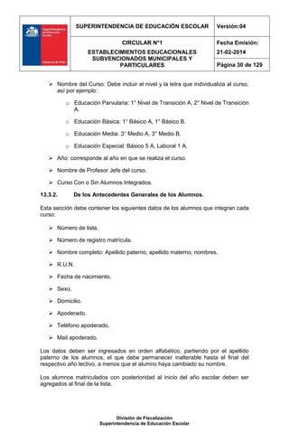 SUPERINTENDENCIA DE EDUCACIÓN ESCOLAR Versión:04
CIRCULAR N°1
ESTABLECIMIENTOS EDUCACIONALES
SUBVENCIONADOS MUNICIPALES Y
PARTICULARES
Fecha Emisión:
21-02-2014
Página 30 de 129
División de Fiscalización
Superintendencia de Educación Escolar
 Nombre del Curso: Debe incluir el nivel y la letra que individualiza al curso,
así por ejemplo:
o Educación Parvularia: 1° Nivel de Transición A, 2° Nivel de Transición
A.
o Educación Básica: 1° Básico A, 1° Básico B.
o Educación Media: 3° Medio A, 3° Medio B.
o Educación Especial: Básico 5 A, Laboral 1 A.
 Año: corresponde al año en que se realiza el curso.
 Nombre de Profesor Jefe del curso.
 Curso Con o Sin Alumnos Integrados.
13.3.2. De los Antecedentes Generales de los Alumnos.
Esta sección debe contener los siguientes datos de los alumnos que integran cada
curso:
 Número de lista.
 Número de registro matrícula.
 Nombre completo: Apellido paterno, apellido materno, nombres.
 R.U.N.
 Fecha de nacimiento.
 Sexo.
 Domicilio.
 Apoderado.
 Teléfono apoderado.
 Mail apoderado.
Los datos deben ser ingresados en orden alfabético, partiendo por el apellido
paterno de los alumnos, el que debe permanecer inalterable hasta el final del
respectivo año lectivo, a menos que el alumno haya cambiado su nombre.
Los alumnos matriculados con posterioridad al inicio del año escolar deben ser
agregados al final de la lista.
 