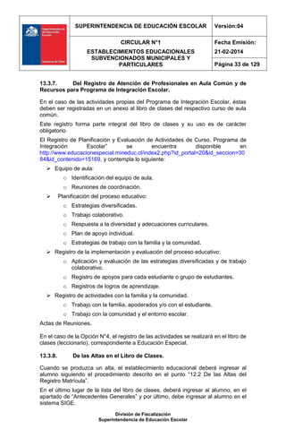 SUPERINTENDENCIA DE EDUCACIÓN ESCOLAR Versión:04
CIRCULAR N°1
ESTABLECIMIENTOS EDUCACIONALES
SUBVENCIONADOS MUNICIPALES Y
PARTICULARES
Fecha Emisión:
21-02-2014
Página 33 de 129
División de Fiscalización
Superintendencia de Educación Escolar
13.3.7. Del Registro de Atención de Profesionales en Aula Común y de
Recursos para Programa de Integración Escolar.
En el caso de las actividades propias del Programa de Integración Escolar, éstas
deben ser registradas en un anexo al libro de clases del respectivo curso de aula
común.
Este registro forma parte integral del libro de clases y su uso es de carácter
obligatorio.
El Registro de Planificación y Evaluación de Actividades de Curso, Programa de
Integración Escolar” se encuentra disponible en
http://www.educacionespecial.mineduc.cl/index2.php?id_portal=20&id_seccion=30
84&id_contenido=15169, y contempla lo siguiente:
 Equipo de aula:
o Identificación del equipo de aula.
o Reuniones de coordinación.
 Planificación del proceso educativo:
o Estrategias diversificadas.
o Trabajo colaborativo.
o Respuesta a la diversidad y adecuaciones curriculares.
o Plan de apoyo individual.
o Estrategias de trabajo con la familia y la comunidad.
 Registro de la implementación y evaluación del proceso educativo:
o Aplicación y evaluación de las estrategias diversificadas y de trabajo
colaborativo.
o Registro de apoyos para cada estudiante o grupo de estudiantes.
o Registros de logros de aprendizaje.
 Registro de actividades con la familia y la comunidad.
o Trabajo con la familia, apoderados y/o con el estudiante.
o Trabajo con la comunidad y el entorno escolar.
Actas de Reuniones.
En el caso de la Opción N°4, el registro de las actividades se realizará en el libro de
clases (leccionario), correspondiente a Educación Especial.
13.3.8. De las Altas en el Libro de Clases.
Cuando se produzca un alta, el establecimiento educacional deberá ingresar al
alumno siguiendo el procedimiento descrito en el punto “12.2 De las Altas del
Registro Matrícula”.
En el último lugar de la lista del libro de clases, deberá ingresar al alumno, en el
apartado de “Antecedentes Generales” y por último, debe ingresar al alumno en el
sistema SIGE.
 