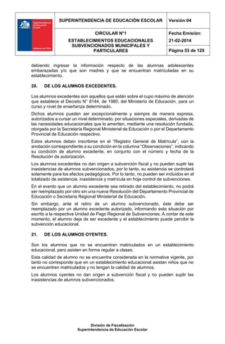 SUPERINTENDENCIA DE EDUCACIÓN ESCOLAR Versión:04
CIRCULAR N°1
ESTABLECIMIENTOS EDUCACIONALES
SUBVENCIONADOS MUNICIPALES Y
PARTICULARES
Fecha Emisión:
21-02-2014
Página 53 de 129
División de Fiscalización
Superintendencia de Educación Escolar
debiendo ingresar la información respecto de las alumnas adolescentes
embarazadas y/o que son madres y que se encuentran matriculadas en su
establecimiento.
20. DE LOS ALUMNOS EXCEDENTES.
Los alumnos excedentes son aquellos que están sobre el cupo máximo de atención
que establece el Decreto N° 8144, de 1980, del Ministerio de Educación, para un
curso y nivel de enseñanza determinado.
Dichos alumnos pueden ser excepcionalmente y siempre de manera expresa,
autorizados a cursar un nivel determinado, por situaciones especiales, derivadas de
las necesidades educacionales que lo ameriten, mediante una resolución fundada,
otorgada por la Secretaría Regional Ministerial de Educación o por el Departamento
Provincial de Educación respectivo.
Estos alumnos deben inscribirse en el “Registro General de Matrícula”, con la
anotación correspondiente a su condición en la columna “Observaciones”, indicando
su condición de alumno excedente, en conjunto con el número y fecha de la
Resolución de autorización.
Los alumnos excedentes no dan origen a subvención fiscal y no pueden suplir las
inasistencias de alumnos subvencionados, por lo tanto, su asistencia se controlará
solamente para los efectos pedagógicos. Por lo tanto, no pueden ser incluidos en el
totalizado de asistencia, inasistencia y matrícula en hoja control de subvenciones.
En el evento que un alumno excedente sea retirado del establecimiento, no podrá
ser reemplazado por otro sin una nueva Resolución del Departamento Provincial de
Educación o Secretaría Regional Ministerial de Educación.
Sin embargo, ante el retiro de un alumno subvencionado, éste debe ser
reemplazado por un alumno excedente autorizado, informando esta situación por
escrito a la respectiva Unidad de Pago Regional de Subvenciones. A contar de este
momento, el alumno deja de ser excedente y el establecimiento puede percibir la
subvención educacional.
21. DE LOS ALUMNOS OYENTES.
Son los alumnos que no se encuentran matriculados en un establecimiento
educacional, pero asisten en forma regular a clases.
Esta calidad de alumno no se encuentra considerada en la normativa vigente, por
tanto no corresponde que en un establecimiento educacional asistan niños que no
se encuentren matriculados y no tengan la calidad de alumnos.
Los alumnos oyentes no dan origen a subvención fiscal y no pueden suplir las
inasistencias de alumnos subvencionados.
 