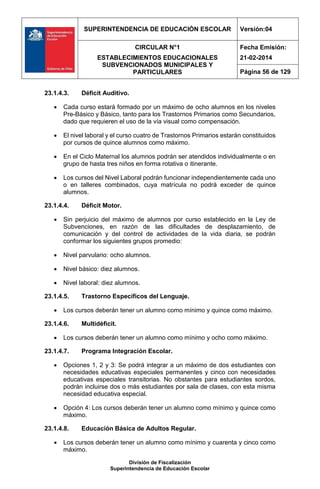 SUPERINTENDENCIA DE EDUCACIÓN ESCOLAR Versión:04
CIRCULAR N°1
ESTABLECIMIENTOS EDUCACIONALES
SUBVENCIONADOS MUNICIPALES Y
PARTICULARES
Fecha Emisión:
21-02-2014
Página 56 de 129
División de Fiscalización
Superintendencia de Educación Escolar
23.1.4.3. Déficit Auditivo.
 Cada curso estará formado por un máximo de ocho alumnos en los niveles
Pre-Básico y Básico, tanto para los Trastornos Primarios como Secundarios,
dado que requieren el uso de la vía visual como compensación.
 El nivel laboral y el curso cuatro de Trastornos Primarios estarán constituidos
por cursos de quince alumnos como máximo.
 En el Ciclo Maternal los alumnos podrán ser atendidos individualmente o en
grupo de hasta tres niños en forma rotativa o itinerante.
 Los cursos del Nivel Laboral podrán funcionar independientemente cada uno
o en talleres combinados, cuya matrícula no podrá exceder de quince
alumnos.
23.1.4.4. Déficit Motor.
 Sin perjuicio del máximo de alumnos por curso establecido en la Ley de
Subvenciones, en razón de las dificultades de desplazamiento, de
comunicación y del control de actividades de la vida diaria, se podrán
conformar los siguientes grupos promedio:
 Nivel parvulario: ocho alumnos.
 Nivel básico: diez alumnos.
 Nivel laboral: diez alumnos.
23.1.4.5. Trastorno Específicos del Lenguaje.
 Los cursos deberán tener un alumno como mínimo y quince como máximo.
23.1.4.6. Multidéficit.
 Los cursos deberán tener un alumno como mínimo y ocho como máximo.
23.1.4.7. Programa Integración Escolar.
 Opciones 1, 2 y 3: Se podrá integrar a un máximo de dos estudiantes con
necesidades educativas especiales permanentes y cinco con necesidades
educativas especiales transitorias. No obstantes para estudiantes sordos,
podrán incluirse dos o más estudiantes por sala de clases, con esta misma
necesidad educativa especial.
 Opción 4: Los cursos deberán tener un alumno como mínimo y quince como
máximo.
23.1.4.8. Educación Básica de Adultos Regular.
 Los cursos deberán tener un alumno como mínimo y cuarenta y cinco como
máximo.
 