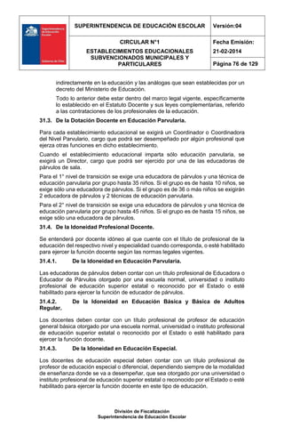 SUPERINTENDENCIA DE EDUCACIÓN ESCOLAR Versión:04
CIRCULAR N°1
ESTABLECIMIENTOS EDUCACIONALES
SUBVENCIONADOS MUNICIPALES Y
PARTICULARES
Fecha Emisión:
21-02-2014
Página 76 de 129
División de Fiscalización
Superintendencia de Educación Escolar
indirectamente en la educación y las análogas que sean establecidas por un
decreto del Ministerio de Educación.
Todo lo anterior debe estar dentro del marco legal vigente, específicamente
lo establecido en el Estatuto Docente y sus leyes complementarias, referido
a las contrataciones de los profesionales de la educación.
31.3. De la Dotación Docente en Educación Parvularia.
Para cada establecimiento educacional se exigirá un Coordinador o Coordinadora
del Nivel Parvulario, cargo que podrá ser desempeñado por algún profesional que
ejerza otras funciones en dicho establecimiento.
Cuando el establecimiento educacional imparta sólo educación parvularia, se
exigirá un Director, cargo que podrá ser ejercido por una de las educadoras de
párvulos de sala.
Para el 1° nivel de transición se exige una educadora de párvulos y una técnica de
educación parvularia por grupo hasta 35 niños. Si el grupo es de hasta 10 niños, se
exige sólo una educadora de párvulos. Si el grupo es de 36 o más niños se exigirán
2 educadora de párvulos y 2 técnicas de educación parvularia.
Para el 2° nivel de transición se exige una educadora de párvulos y una técnica de
educación parvularia por grupo hasta 45 niños. Si el grupo es de hasta 15 niños, se
exige sólo una educadora de párvulos.
31.4. De la Idoneidad Profesional Docente.
Se entenderá por docente idóneo al que cuente con el título de profesional de la
educación del respectivo nivel y especialidad cuando corresponda, o esté habilitado
para ejercer la función docente según las normas legales vigentes.
31.4.1. De la Idoneidad en Educación Parvularia.
Las educadoras de párvulos deben contar con un título profesional de Educadora o
Educador de Párvulos otorgado por una escuela normal, universidad o instituto
profesional de educación superior estatal o reconocido por el Estado o esté
habilitado para ejercer la función de educador de párvulos.
31.4.2. De la Idoneidad en Educación Básica y Básica de Adultos
Regular.
Los docentes deben contar con un título profesional de profesor de educación
general básica otorgado por una escuela normal, universidad o instituto profesional
de educación superior estatal o reconocido por el Estado o esté habilitado para
ejercer la función docente.
31.4.3. De la Idoneidad en Educación Especial.
Los docentes de educación especial deben contar con un título profesional de
profesor de educación especial o diferencial, dependiendo siempre de la modalidad
de enseñanza donde se va a desempeñar, que sea otorgado por una universidad o
instituto profesional de educación superior estatal o reconocido por el Estado o esté
habilitado para ejercer la función docente en este tipo de educación.
 