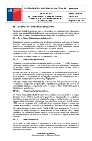 SUPERINTENDENCIA DE EDUCACIÓN ESCOLAR Versión:04
CIRCULAR N°1
ESTABLECIMIENTOS EDUCACIONALES
SUBVENCIONADOS MUNICIPALES Y
PARTICULARES
Fecha Emisión:
21-02-2014
Página 79 de 129
División de Fiscalización
Superintendencia de Educación Escolar
32. DE LOS ASISTENTES DE LA EDUCACIÓN.
Asistentes de la Educación es todo el personal de un establecimiento educacional
que no está afecto al Estatuto Docente, que cuenta con contrato de trabajo vigente
y desarrolla funciones de colaboración y asistencial a la función educacional.
32.1. De la Planta Asistentes de la Educación.
Es todo el personal de un establecimiento educacional que no está afecto al Estatuto
Docente y que cuenta con contrato vigente y que ha sido declarado por el
sostenedor o establecimiento educacional en el sistema SIGE o el sistema que sea
determinado por el Ministerio de Educación para estos efectos.
Debe encontrarse en cantidad suficiente que permita desarrollar y cumplir con las
funciones para el buen funcionamiento del establecimiento educacional.
Debe realizar al menos una de las siguientes funciones:
32.1.1. De Carácter Profesional.
Es aquella que realizan los profesionales no afectos a la ley N° 19.070, para cuyo
desempeño deberán contar con un título de una carrera de, a lo menos, 8 semestres
de duración, otorgado por una universidad o instituto profesional del Estado o
reconocidos por éste.
Para los procesos de diagnóstico y evaluación, los Profesionales Asistentes de la
Educación para Educación Especial y Programa de Integración, deben además
estar inscritos y autorizados en el Registro Nacional de Profesionales de la
Educación Especial para la evaluación y diagnóstico.
Para los Profesionales Asistentes de la Educación para Educación Especial y
Programa de Integración que participan en procesos educativos y de apoyo a las
necesidades educativas especiales, sólo se exige el Título Profesional para la
discapacidad que atienda.
32.1.1.1. Consideraciones Específicas.
En el caso de aquellos estudiantes con discapacidad auditiva usuarios de la lengua
de señas chilena (LSCh), el profesional que entregue apoyos debe ser competente
en esta lengua y conocer características culturales que puedan incidir en el proceso
de aprendizaje del o los/as estudiantes, o en su defecto contar con un intérprete en
LSCh que, de no poseer algún certificado de su experticia, deberá presentar una
carta de recomendación acreditando experiencia en el desempeño de este servicio.
Así mismo, la persona sorda (según Ord N° 1127/2009, Ministerio de Educación),
que participe de los procesos educativos y de los apoyos, en el caso de no poseer
título técnico o profesional, deberá contar con una carta de respaldo de desempeño
en establecimientos de educación especial o de educación regular (coeducador
sordo/a).
32.1.2. De Paradocencia.
Es aquella de nivel técnico, complementaria a la labor educativa, dirigida a
desarrollar, apoyar y controlar el proceso de enseñanza-aprendizaje, incluyendo las
labores de apoyo administrativo necesarias para la administración y funcionamiento
de los establecimientos.
 