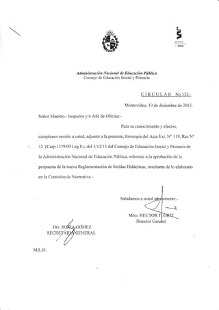 L'
,
+'if¿,.,

Administració Nacional

de

Educaciót Pítblica

Consejo de fducación lnicial y Primaria

CIRCULAR

No.132.-

Montevideo, 10 de diciembre de 2013.
Señor Maestro.- Inspector y/o Jefe de Oficina:Para su conocimiento y efectos,

cúmplenos remitir a usted, adjürto a la presente, fotocopia del Acta Ext.

N'

1

19, Res

N'

12 (Carp.l379/09 Leg 8.), del 3/12113 del Consejo de Educación Inicial y Primaria de
la Administración Nacional de Educación Pública, referente a la ap¡obación de la

propuesta de la nueva Reglamentación de Salidas Didácticas, resultaüte de lo elaborado
en la Comisión de Normativa.-

Saludamos a usted

Mt¡o. HECTOR
Di¡ector

o^.sg(t4natas7
SECYAüGENERAL
M.L.D.

 