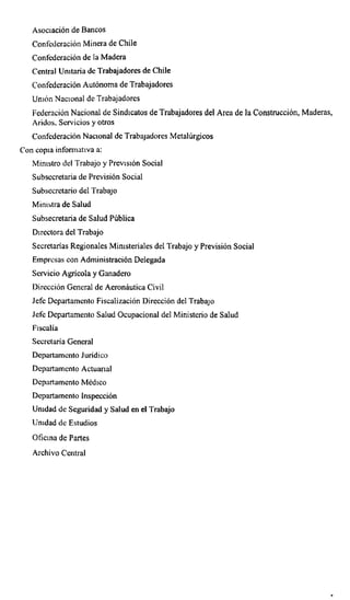 Asociación de Bancos
Confederación Minera de Chile
Confederación de la Madera
Central Unitaria de Trabajadores de Chile
Confederación Autónoma de Trabajadores
Unión Nacional de Trabajadores
Federación Nacional de Sindicatos de Trabajadores del Área de la Construcción, Maderas,
Áridos. Servicios y otros
Confederación Nacional de Trabajadores Metalúrgicos
Con copia informativa a:
Ministro del Trabajo y Previsión Social
Subsecretaría de Previsión Social
Subsecretario del Trabajo
Ministra de Salud
Subsecretaría de Salud Pública
Directora del Trabajo
Secretarías Regionales Ministeriales del Trabajo y Previsión Social
Empresas con Administración Delegada
Servicio Agrícola y Ganadero
Dirección General de Aeronáutica Civil
Jefe Departamento Fiscalización Dirección del Trabajo
Jefe Departamento Salud Ocupacional del Ministerio de Salud
Fiscalía
Secretaria General
Departamento Jurídico
Departamento Aduanal
Departamento Médico
Departamento Inspección
Unidad de Seguridad y Salud en el Trabajo
Unidad de Estudios
Oficina de Partes
Archivo Central
 