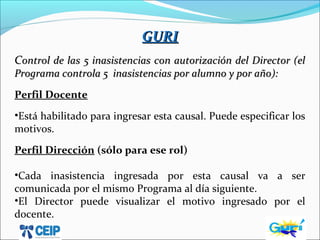 GURIGURI
CControl de las 5 inasistencias con autorización del Director (elontrol de las 5 inasistencias con autorización del Director (el
Programa controla 5 inasistencias por alumno y por año):Programa controla 5 inasistencias por alumno y por año):
Perfil Docente
•Está habilitado para ingresar esta causal. Puede especificar los
motivos.
Perfil Dirección (sólo para ese rol)
•Cada inasistencia ingresada por esta causal va a ser
comunicada por el mismo Programa al día siguiente.
•El Director puede visualizar el motivo ingresado por el
docente.
 