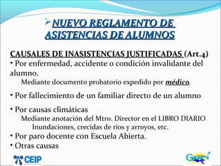 NUEVO REGLAMENTO DENUEVO REGLAMENTO DE
ASISTENCIAS DE ALUMNOSASISTENCIAS DE ALUMNOS
CAUSALES DE INASISTENCIAS JUSTIFICADASCAUSALES DE INASISTENCIAS JUSTIFICADAS (Art.4)(Art.4)
• Por enfermedad, accidente o condición invalidante del
alumno.
Mediante documento probatorio expedido por médico.
• Por fallecimiento de un familiar directo de un alumno
• Por causas climáticas
Mediante anotación del Mtro. Director en el LIBRO DIARIO
Inundaciones, crecidas de ríos y arroyos, etc.
• Por paro docente con Escuela Abierta.
• Otras causas
 