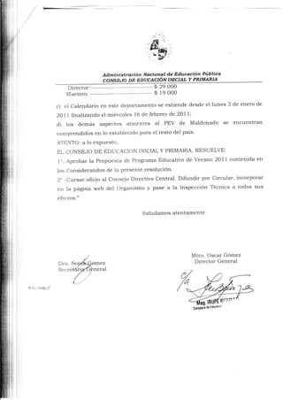 Admlnlstración Nacionat de Educación hiblica
COJVS^a.'O DE EDUCACIÓN INICIAL Y PRIMARIA
Director:
Maestro: __:__:_.:_______...--.-..-- 3 ?3:333
c) el Calendario en este departamento se extiende desde eI lunes 3 de enero de
20ll finaJízartdo el miércoles 16 de febrero de 2011;
d) tos demás aspectos atinentes al PEV de Maldonado se encuentran
comprendid.os en lo establecido para el resto del país.
ATENTO: a 1o exPuesto,
EL CONSEJO DE EDUCACION INICIAL Y PRIMARIA, RESUELVE:
I".-Aprobar la propuesta de Programa Ed.ucativo de Verano 2OLl contenida en
los Considerandos de la presente resolución'
2" "-Cwrsar oficio al Consejo Directivo Central. Difundir por Circular, incorporar
en la página web del Organismo y pase a la Inspección Técnica a todos sus
efectos."
Saludamos atentamente .
Dra. So
Mtro. Oscar Górnez
Director General
Secre
S.G./mfg/1f
 
