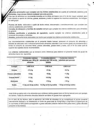 4
procesados que cumplan con los límites establecidos en cuanto al contenido cafórico y de
cuyo envase deberá contener una sola porción.
Este tipo de alimentos se recomiehdá incluirlos en la oferta del kiosco con el fin de dar mayor variedad, pero
solo cuando su aporte de calorías, grasas, azúcares y sodio no superen los.máximos establecidos. Se inclüyen
en este grupo:
Postres de |eche, elaborados a partir de leche entera, descremada o semidescremada, que cumplan'con
icriterios establecidos para lácteos
Cereales de desayuno y barrítas de cereales siempre que cumplan los criterios establecidos para alimqntos
en general.
Galletas, panificados y productos de repostería, cuando cumplan los criterios establecidos para el
contenido de energÍa y nutrientes.
Helados, preferentemente elaborados con leche que cumplan los criterios previamente establecidos.
Las recomendaciones establecidas en el presente tistado buscan; promover el consumo de alimentos y
bebidas de adecuado valor nutricional priorizando alimentos naturales o con minimo grado de procesamiento y
limitar el consumo de azúcares libres, grasas saturadas, grasas trans y sodio, con el fin de evitar qué se
superen las ingestas diarias recomendadas.
Los criterios nutiicionales que se tomaron como referencia para elaborar el presente listado de grupo de
alimentos fueron los siguientes:
.' Cgntenldo máximo
,,admitido rÉól porción
5400 kcal
s13,39
<3;69
sl,0g
<30 g
S10O kcal
<3,49
<0,99
3O,259
.i,s g
1200 kcal
s6,79
<1,89
<0,59
<15 g
<1,09 sal (0,49 sodio) <0,259 sal (0,19 sodio) < 0,59 sal(0,29 sodio)
-este límite se aplica solo a los alimentos que contienen ácidos grasos trans en forma natural como por ejernplo
loslácteos.Todoslosalimentosofrecidosdeberánserlibrescegrasastransagregadas.
En e[ caso de los lácteos, para la aplicación del límite de azúcares no se contabilizará el azúcar presente
naturalmente (lactosa) y se establecerá un límite de grasa total Ce 10,49/1009 ó 2,69/100m1 (5,29lporción) de
la cual hasta un 60% podrá corresponder a grasa saturada (relación natural entre grasa total y grasa sáturada
presente en los lácteos).
 