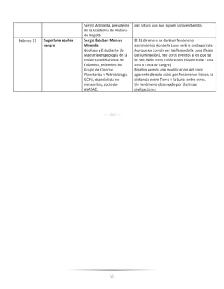 11
Sergio Arboleda, presidente
de la Academia de Historia
de Bogotá.
del futuro aún nos siguen sorprendiendo.
Febrero 17 Superluna azul de
sangre
Sergio Esteban Montes
Miranda
Geólogo y Estudiante de
Maestría en geología de la
Universidad Nacional de
Colombia, miembro del
Grupo de Ciencias
Planetarias y Astrobiología
GCPA, especialista en
meteoritos, socio de
ASASAC.
El 31 de enero se dará un fenómeno
astronómico donde la Luna será la protagonista.
Aunque es común ver las fases de la Luna (fases
de iluminación), hay otros eventos a los que se
le han dado otros calificativos (Súper Luna, Luna
azul o Luna de sangre).
En ellos vemos una modificación del color
aparente de este astro por fenómenos físicos, la
distancia entre Tierra y la Luna, entre otros.
Un fenómeno observado por distintas
civilizaciones
---- RAC ---
 