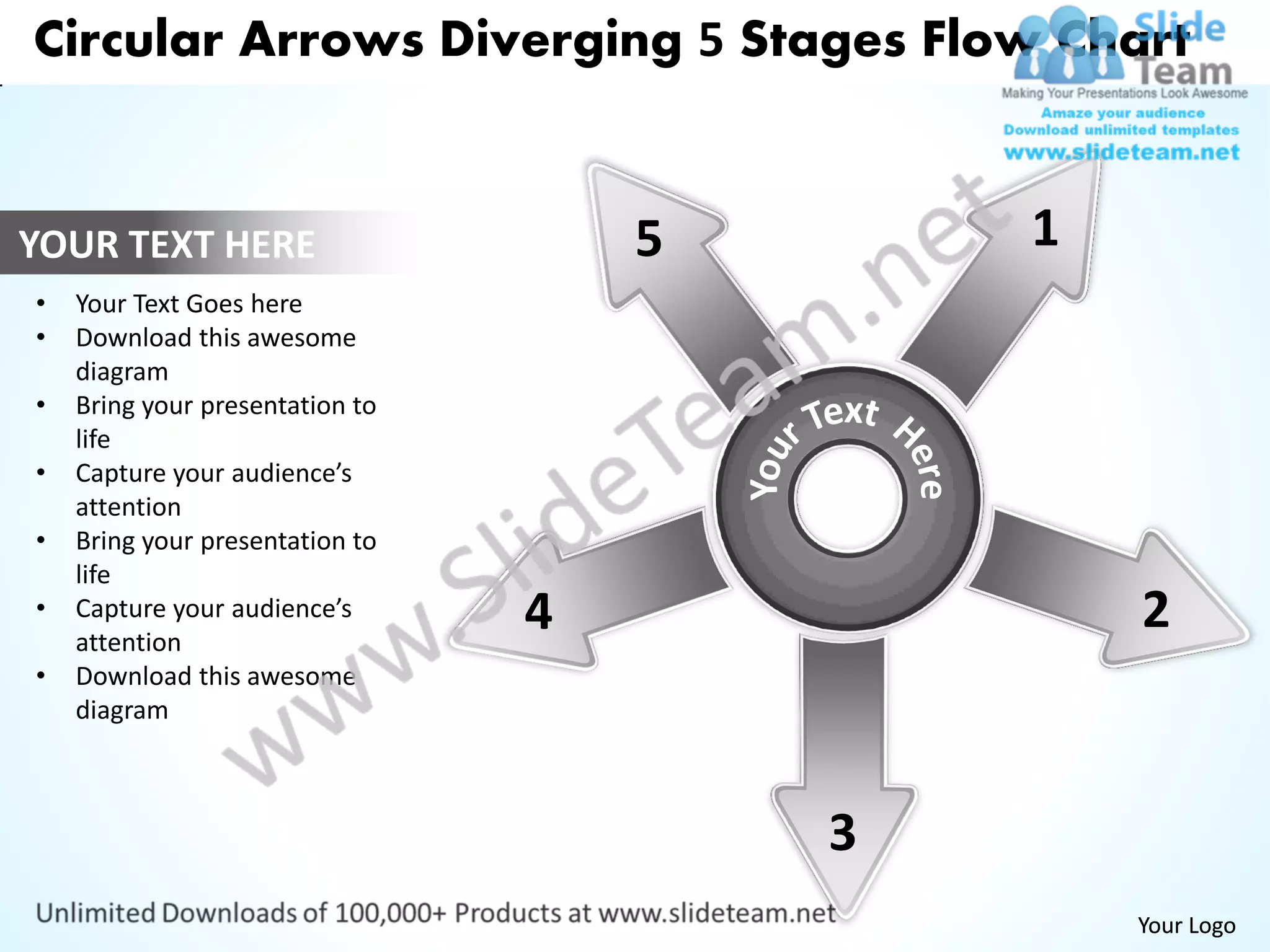 Circular arrows diverging 5 stages flow chart layout process power ...