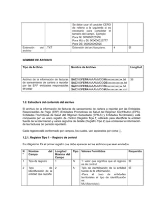 Extensión
archivo

del

Se debe usar el carácter CERO
de relleno a la izquierda si es
necesario para completar el
tamaño del campo. Ejemplo:
Para NI: 000860120380
Para MU o DI: 000000025777
Para DE: 000000000025
Extensión del archivo plano.

.TXT

4

SÍ

NOMBRE DE ARCHIVO
Tipo de Archivo

Nombre de Archivo

Longitud

Archivo de la información de facturas
de saneamiento de cartera a reportar
por las ERP entidades responsables
de pago

SAC160FEPAAAAAMMDDNIxxxxxxxxxxxx.txt
SAC160FEPAAAAAMMDDDExxxxxxxxxxxx.txt
SAC160FEPAAAAAMMDDDIxxxxxxxxxxxx.txt
SAC160FEPAAAAAMMDDMUxxxxxxxxxxxx.txt

36

1.2. Estructura del contenido del archivo
El archivo de la información de facturas de saneamiento de cartera a reportar por las Entidades
Responsables de Pago (ERP) (Entidades Promotoras de Salud del Régimen Contributivo (EPS),
Entidades Promotoras de Salud del Régimen Subsidiado (EPS-S) y Entidades Territoriales), está
compuesto por un único registro de control (Registro Tipo 1) utilizado para identificar la entidad
fuente de la información y varios registros de detalle (Registro Tipo 2) que contienen la información
de las facturas del periodo reportado.
Cada registro está conformado por campos, los cuales, van separados por coma (,).
1.2.1. Registro Tipo 1 – Registro de control
Es obligatorio. Es el primer registro que debe aparecer en los archivos que sean enviados.
N
°

Nombre
Campo

del

1

Tipo de registro

2

Tipo
de
Identificación de la
entidad que reporta

Longitud
Máxima del
Campo
1

Tipo

Valores Permitidos

Requerido

N

SÍ

2

A

1: valor que significa que el registro
es de control
Tipo de identificación de la entidad
fuente de la información.
-Para el caso de entidades
territoriales el tipo de identificación
es:
MU (Municipio).

SÍ

 