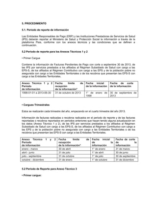 5. PROCEDIMIENTO
5.1. Periodo de reporte de información
Las Entidades Responsables de Pago (ERP) y las Instituciones Prestadoras de Servicios de Salud
(IPS) deberán reportar al Ministerio de Salud y Protección Social la información a través de la
plataforma Pisis, conforme con los anexos técnicos y las condiciones que se definen a
continuación.
5.2 Periodo de reporte para los Anexos Técnicos 1 y 2
• Primer Cargue
Contiene la información de Facturas Pendientes de Pago con corte a septiembre 30 de 2013, de
las IPS por servicios prestados a los afiliados al Régimen Subsidiado de Salud con cargo a las
EPS-S, de los afiliados al Régimen Contributivo con cargo a las EPS y de la población pobre no
asegurada con cargo a las Entidades Territoriales o de los recobros que presentan las EPS-S con
cargo a las Entidades Territoriales.
Anexo Técnico 1 y 2
Periodo
de información
1998-01-01 a 2013-06-30

Fecha
límite
de
recepción
de la información*
31 de octubre de 2013

Fecha inicial
de la información

Fecha de corte
de la información

1° de enero de
1998

30 de septiembre de
2013

• Cargues Trimestrales
Estos se realizarán cada trimestre del año, empezando en el cuarto trimestre del año 2013.
Información de facturas radicadas o recobros radicados en el periodo de reporte y de las facturas
reportadas o recobros reportados en periodos anteriores que hayan tenido alguna actualización en
los datos (Anexo Técnico 1 y 2), de las IPS por servicios prestados a los afiliados al Régimen
Subsidiado de Salud con cargo a las EPS-S, de los afiliados al Régimen Contributivo con cargo a
las EPS y de la población pobre no asegurada con cargo a las Entidades Territoriales o de los
recobros que presentan las EPS-S con cargo a las Entidades Territoriales.
Anexo Técnico 1
Periodo
de información
enero - marzo
abril - junio
julio - septiembre
octubre - diciembre

y

2

Fecha
límite
recepción
de la información*
30 de abril
31 de julio
31 de octubre
31 de enero

5.2 Periodo de Reporte para Anexo Técnico 3
• Primer cargue:

de

Fecha inicial
de
la
información
1° de enero
1° de abril
1° de julio
1° de octubre

Fecha de corte
de
la
información
31 de marzo
30 de junio
30 de septiembre
31 de diciembre

 