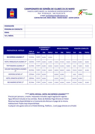                   
 
              CAMPEONATO DE ESPAÑA DE CLUBES 23‐25 MAYO  
                            VIAJES EL CORTE INGLÉS, S.A. DIVISIÓN DE EVENTOS DEPORTIVOS  
                                                       TELF:  95 450 66 20  ‐  FAX: 95 422 24 79 
                       e‐mail: sevilladeportes@viajeseci.es 
       CONTACTAR CON: INMA LIÑAN – MARIA RUBIO – JAVIER GARCÍA 
 
 
 
FEDERACIÓN   
PERSONA DE CONTACTO   
EMAIL   
TLF / MÓVIL   
PROPUESTA DE  HOTELES 
  ALOJAMIENTO Y 
DESAYUNO 
MEDIA PENSIÓN  PENSIÓN COMPLETA 
KMS al 
Pabellón 
DUI  DBL  TRIPLE  DUI  DBL  TRIPLE  DUI  DBL  TRIPLE 
NH EXPRESS LEGANES 3*  1,3 kms  50,00 €  26,00 €  23,50 €  ‐  ‐  ‐  ‐  ‐  ‐ 
HOTEL PARQUESUR LEGANES 3*  1,6 kms  57,50 €  33,00 €  31,00 €  72,00 €  47,50 €  44,50 €  87,00 €  62,00 €  58,00 € 
TRYP MADRID LEGANES 3*  2,1 kms  62,00 €  32,00 €  29,50 €  82,50 €  52,50 €  50,00 €  103 €   73,00 €  70,50 € 
HOLIDAY INN EXPRESS LEGANES 
2* 
6,2 kms  52,00 €  27,00 €  18,50 €  64,00 €  38,50 €  30,00 €  75,50 €  50,50 €  42,00 € 
HESPERIA GETAFE 4*  2,9 kms  67,50 €  34,50 €  ‐  85,00 €  52,00 €  ‐  103 €  70,00 €  ‐ 
HOTEL DINASTIA GETAFE 3*  2,8 kms  46,50 €  24,00 €  ‐  55,50 €  33,00 €  ‐  64,50 €  42,00 €  ‐ 
IBIS MADRID GETAFE 2*  4,1 kms  27,00 €  14,50 €  14,50 €  37,00 €  24,50 €  24,50 €  47,50 €  35,00 €  35,00 €
 
 
 
**** HOTEL OFICIAL: HOTEL NH EXPRESS LEGANES**** 
Precios por persona  y noche. Impuestos incluidos según legislación vigente. 
Agua Mineral incluida en las comidas. Resto de Bebidas Pago Directo en Hotel. 
Reservas bajo disponibilidad en el momento de efectuar el pago de la misma. 
Habitaciones Triples bajo disponibilidad. 
Cualquier otro gasto extra en el Hotel (Parking, Teléfono...) será pago directo en el hotel. 
 
 
 
 
 
 
 
 
 
 
 
 
 