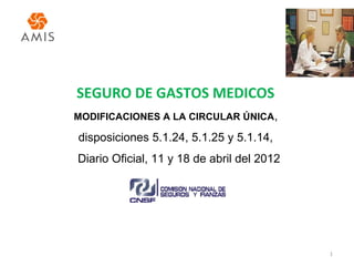 SEGURO DE GASTOS MEDICOS
MODIFICACIONES A LA CIRCULAR ÚNICA,

disposiciones 5.1.24, 5.1.25 y 5.1.14,
Diario Oficial, 11 y 18 de abril del 2012




                                            1
 