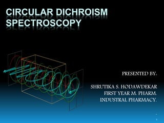 CIRCULAR DICHROISM
SPECTROSCOPY
PRESENTED BY:
SHRUTIKA S. HODAWDEKAR
FIRST YEAR M. PHARM.
INDUSTRAL PHARMACY.
.
1
 