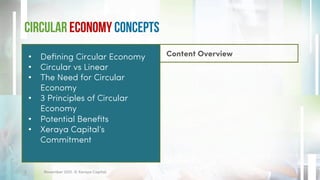 Circular Economy Concepts
Content Overview
• Defining Circular Economy
• Circular vs Linear
• The Need for Circular
Economy
• 3 Principles of Circular
Economy
• Potential Benefits
• Xeraya Capital’s
Commitment
November 2021. © Xeraya Capital.
2