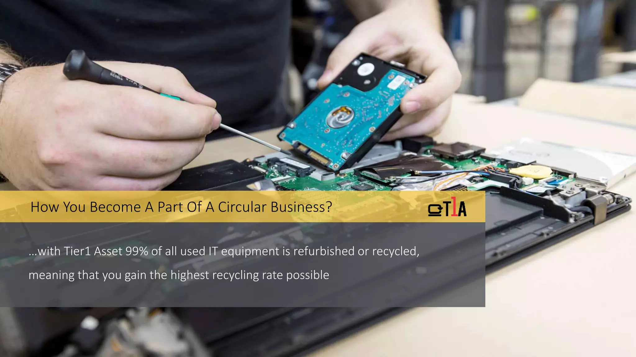 …with Tier1 Asset 99% of all used IT equipment is refurbished or recycled,
meaning that you gain the highest recycling rate possible
How You Become A Part Of A Circular Business?
 
