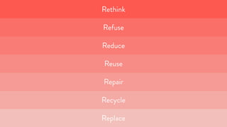 Replace
Repair
Reuse
Reduce
Refuse
Recycle
Rethink
 