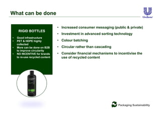 Packaging Sustainability
RIGID BOTTLES
•  Good infrastructure
•  PET & HDPE highly
collected
•  More can be done on B2B
to improve circularity
•  NO INCENTIVE for brands
to re-use recycled content
What can be done
•  Increased consumer messaging (public & private)
•  Investment in advanced sorting technology
•  Colour batching
•  Circular rather than cascading
•  Consider financial mechanisms to incentivise the
use of recycled content
 