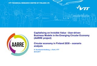 VTT TECHNICAL RESEARCH CENTRE OF FINLAND LTD
Capitalising on Invisible Value - User-driven
Business Models in the Emerging Circular Economy
(AARRE project)
Circular economy in Finland 2030 – scenario
analysis
H. Sundqvist-Andberg, J. Kohl, VTT
28.9.2017
 
