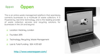 Öppen
This is an online waste management platform that seamlessly
connects businesses to a multitude of waste collectors. It is
Powered by real-time technology, and is the leading provider
of waste collection services and recycling solutions for
businesses in the UK and beyond.
http://www.weareoppen.com/
❏ Location: Hackney, London
❏ Founded: 2015
❏ Technology: Recycling, Waste Management
❏ Last & Total Funding: SEK 4 013 601
 